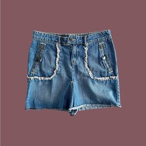 Tiara Women’s 31 Blue Jean Denim Skirt Y2K Fringe Raw Hem Pockets Accent Buttons